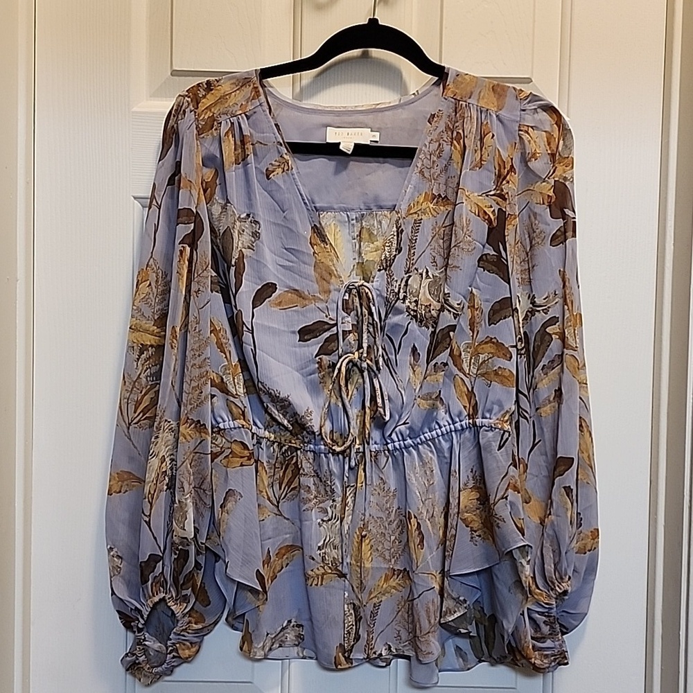 Ted Baker Harpier Tie Front Blouse Ted Size 3  (8 US) Lilac Floral Leaf Sheer